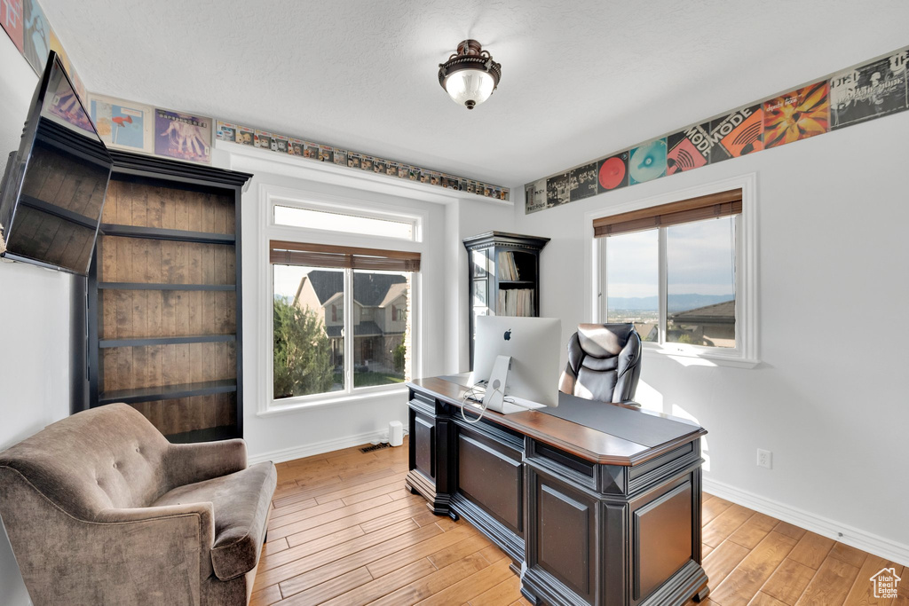 Office space featuring baseboards, light wood-type flooring, and healthy amount of natural light