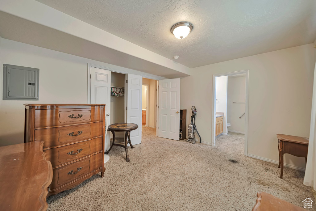 Carpeted bedroom featuring electric panel, baseboards, a textured ceiling, ensuite bathroom, and a closet