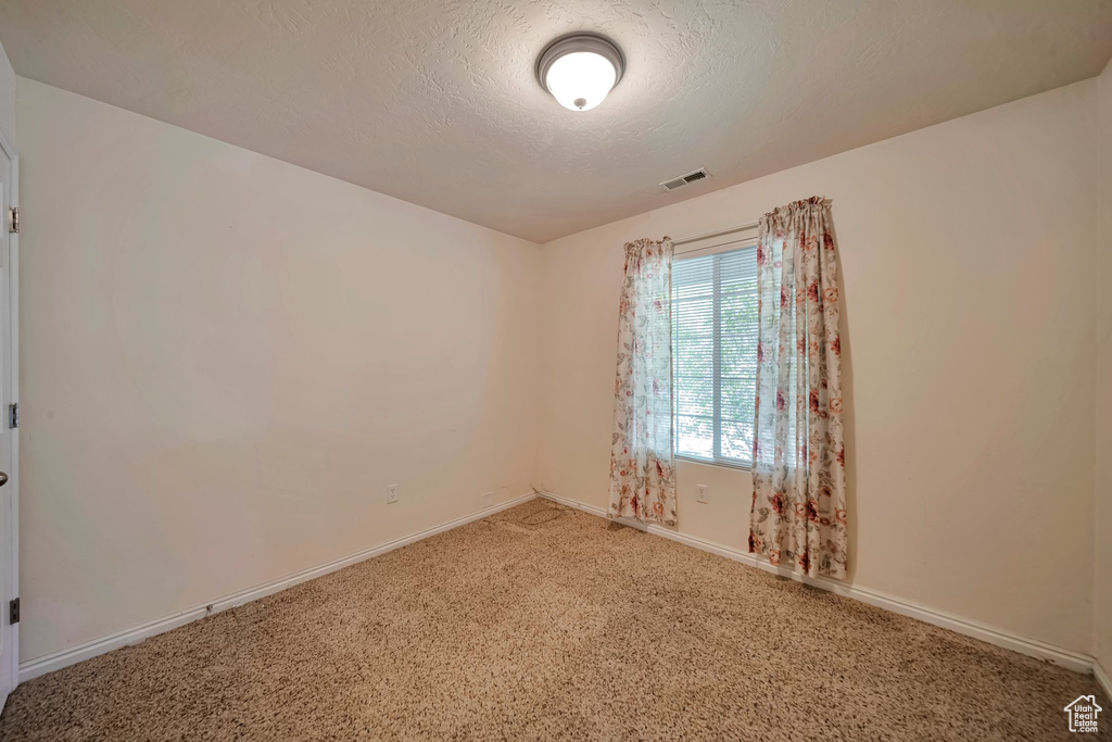 Carpeted spare room featuring baseboards and a textured ceiling