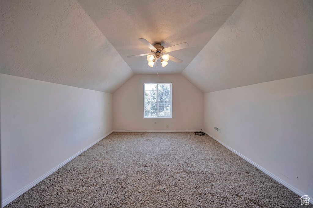 Additional living space featuring a textured ceiling, lofted ceiling, light carpet, and baseboards