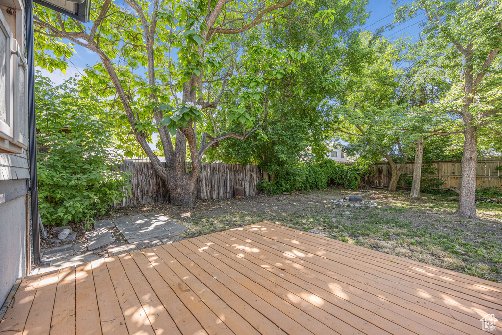 Wooden terrace featuring a fenced backyard