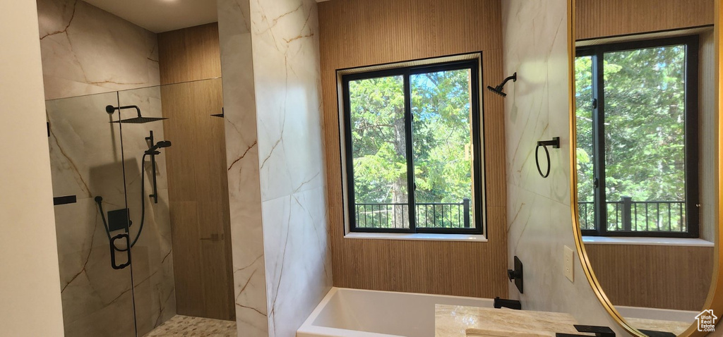 Full bath with a marble finish shower, plenty of natural light, and a tub