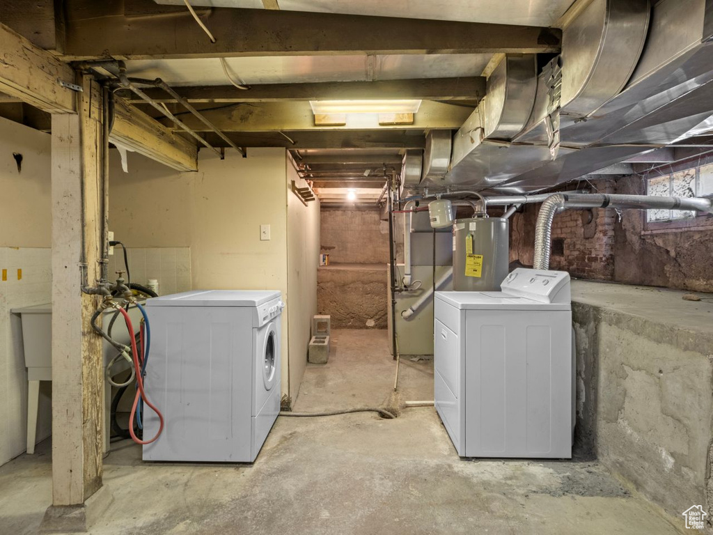 Below grade area with washing machine and dryer and electric water heater