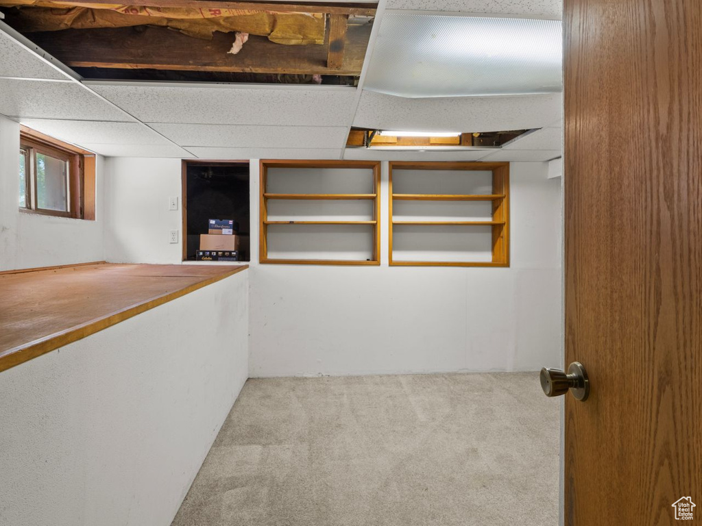 Finished below grade area with carpet floors and a paneled ceiling