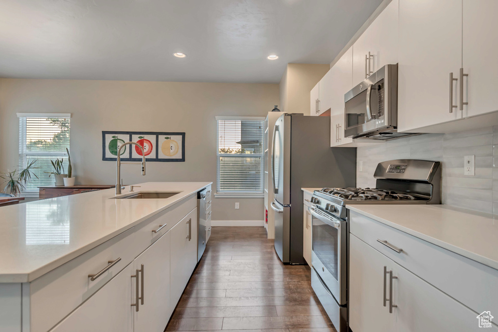 Kitchen with appliances with stainless steel finishes, a sink, light countertops, dark wood finished floors, and decorative backsplash