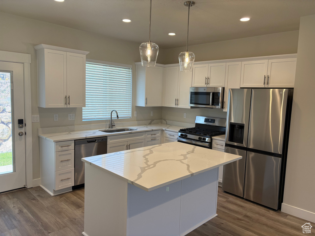 Kitchen with stainless steel appliances, a sink, wood finished floors, white cabinetry, and recessed lighting