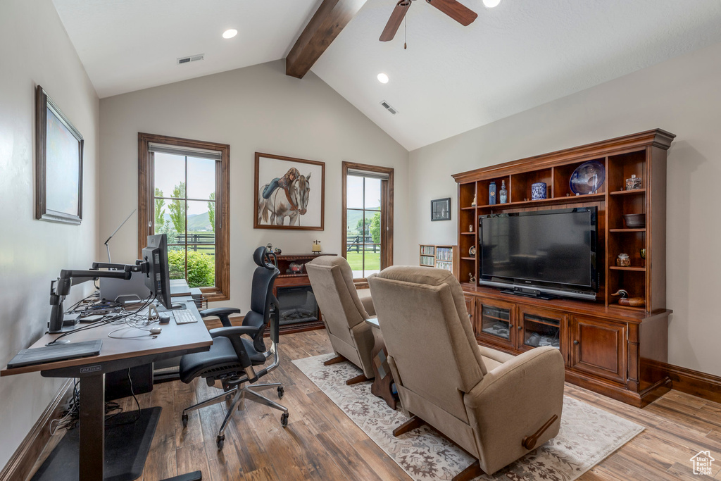 Office area featuring light wood-type flooring, a ceiling fan, recessed lighting, and baseboards