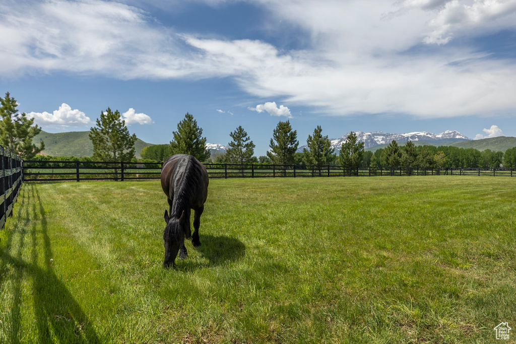 View of yard featuring a view of countryside and a mountain view