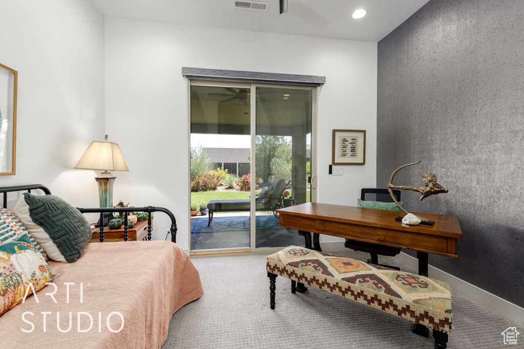 Bedroom featuring access to outside, carpet flooring, and recessed lighting