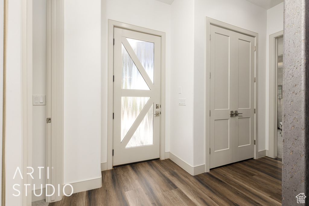 Foyer entrance with dark wood-style flooring and baseboards