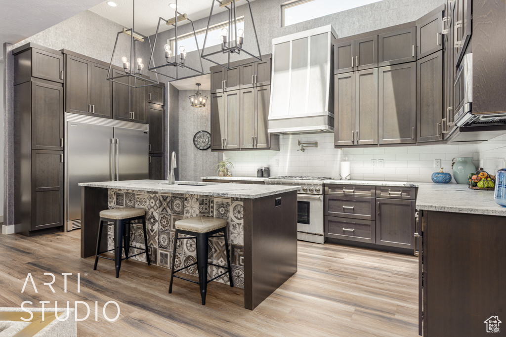 Kitchen with premium appliances, premium range hood, a sink, a towering ceiling, and backsplash