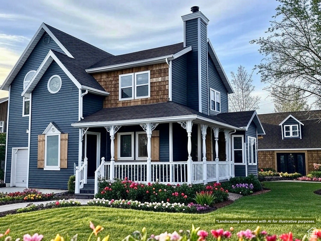 View of front of property with a porch, a chimney, a front lawn, and a shingled roof