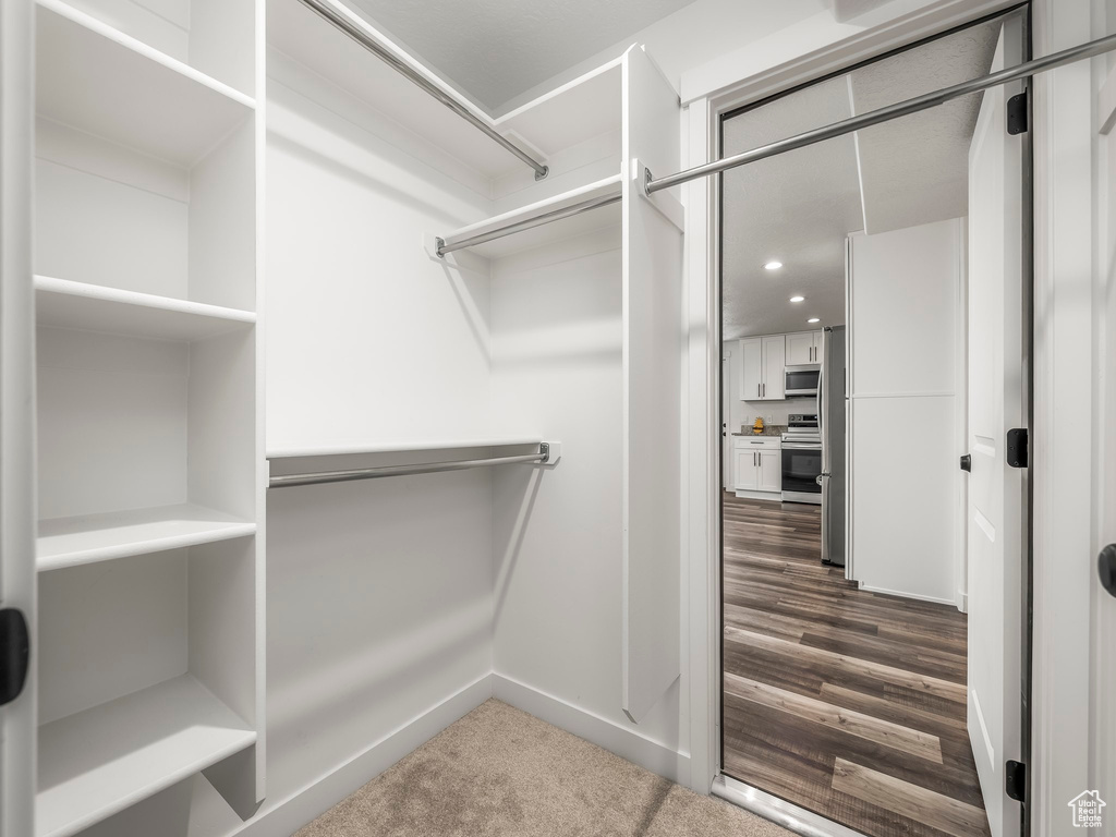 Spacious closet featuring dark carpet