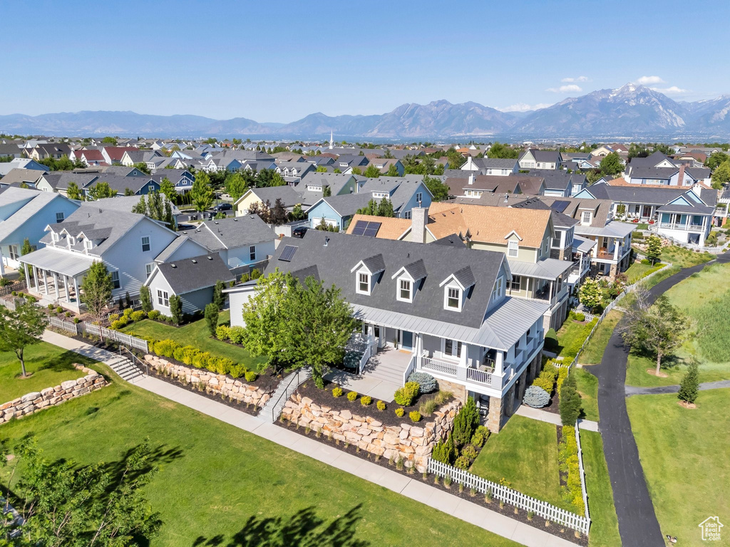 Aerial view of residential area with mountains