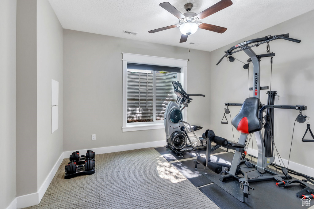 Workout area featuring baseboards and a ceiling fan