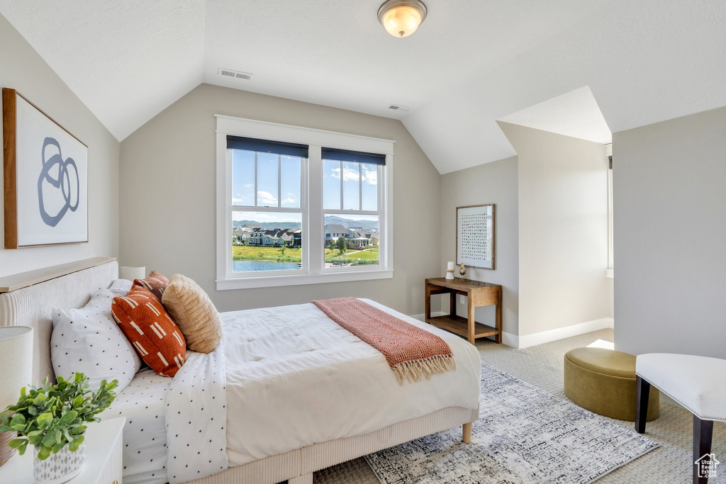 Carpeted bedroom featuring vaulted ceiling and baseboards