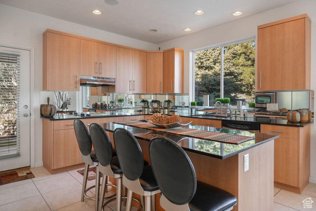 Kitchen with under cabinet range hood, a center island, a sink, a kitchen breakfast bar, and recessed lighting