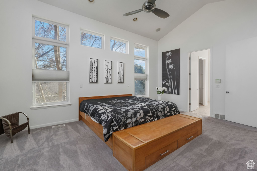 Carpeted bedroom with high vaulted ceiling, baseboards, and a ceiling fan