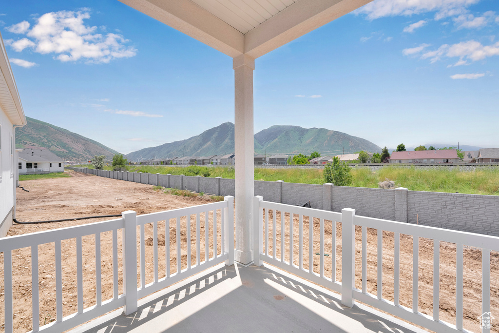 View of patio featuring a mountain view