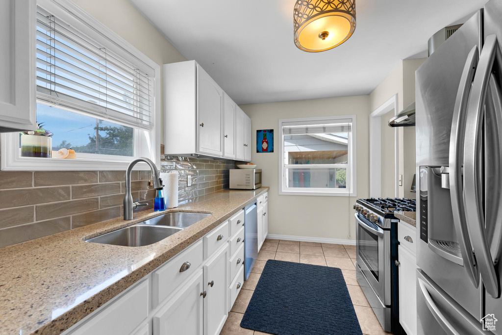 Kitchen featuring stainless steel appliances, a sink, tasteful backsplash, and healthy amount of natural light