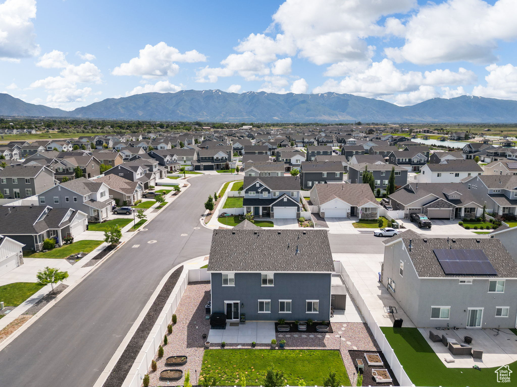 Aerial perspective of suburban area with mountains
