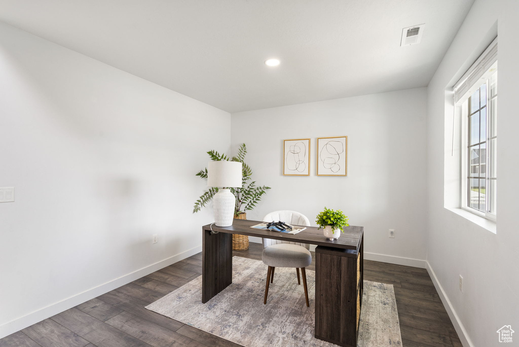 Office featuring dark wood finished floors, baseboards, and recessed lighting
