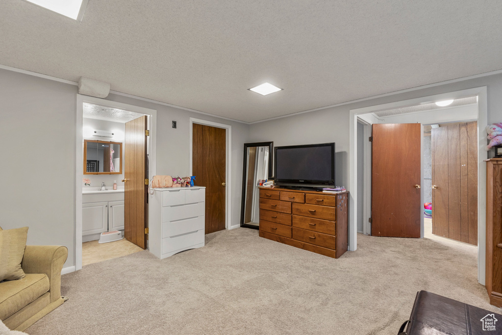 Bedroom featuring light carpet, ornamental molding, a sink, connected bathroom, and a textured ceiling
