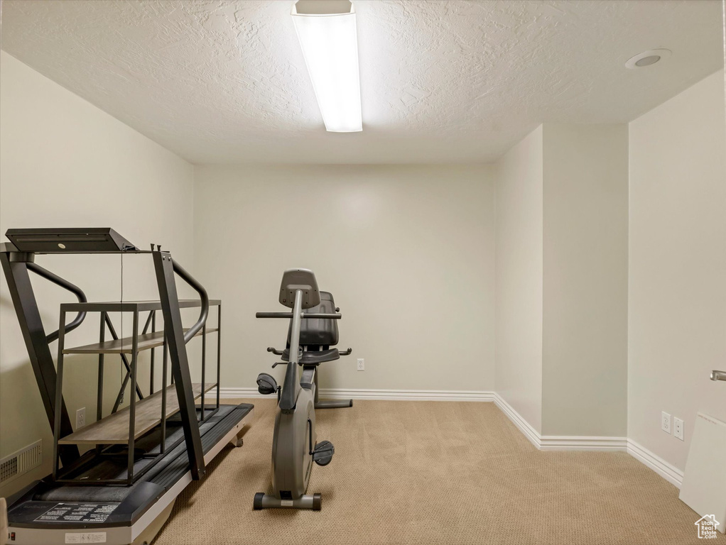 Workout room with carpet flooring, a textured ceiling, and baseboards