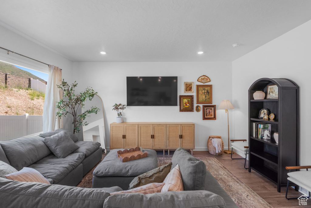 Living area with wood finished floors and recessed lighting