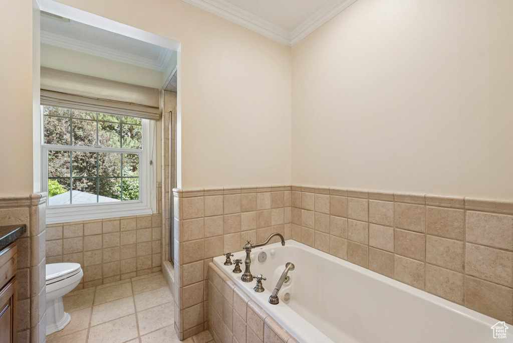 Full bathroom featuring toilet, vanity, a bath, tile walls, and ornamental molding