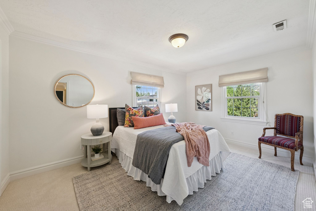 Bedroom featuring carpet flooring, crown molding, and baseboards