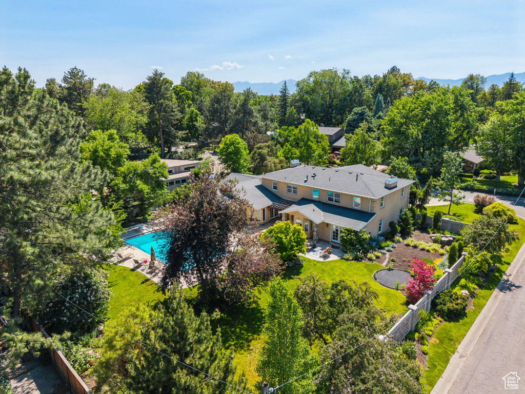 View from above of property with a pool area