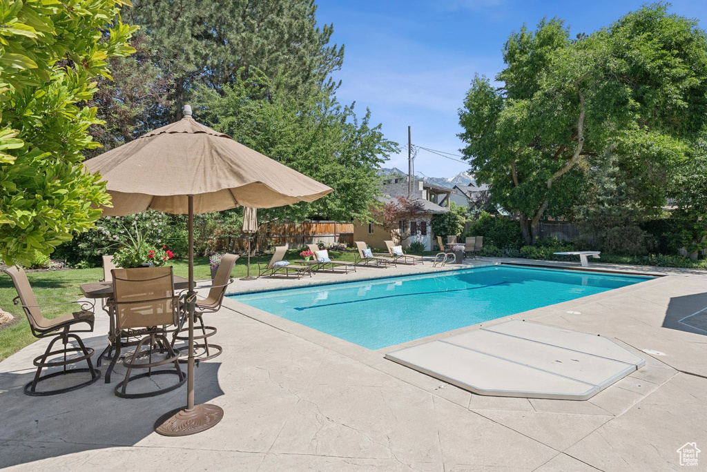 View of swimming pool with a patio area and a diving board