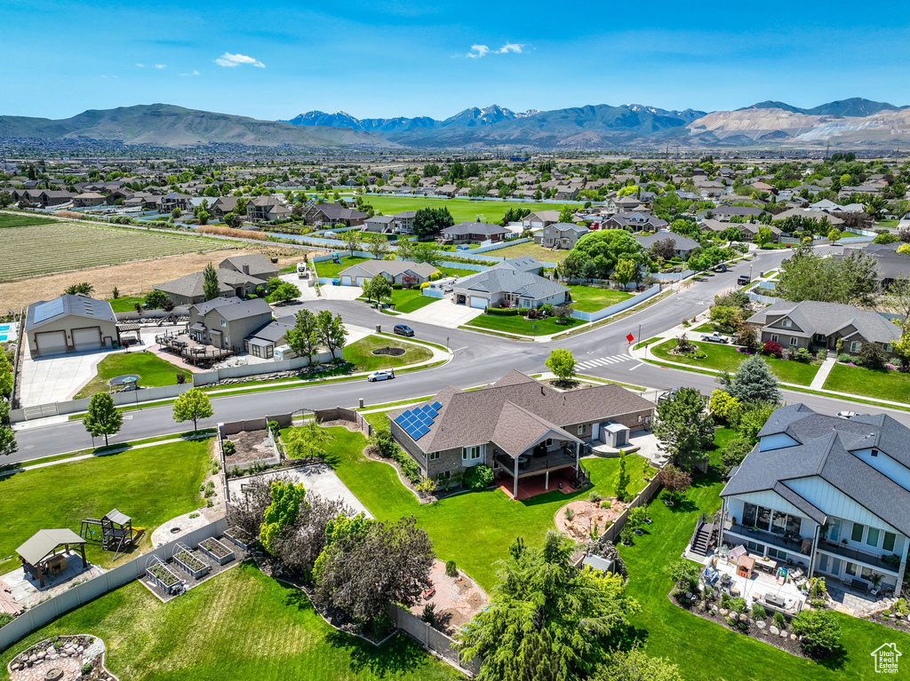 Aerial perspective of suburban area featuring mountains