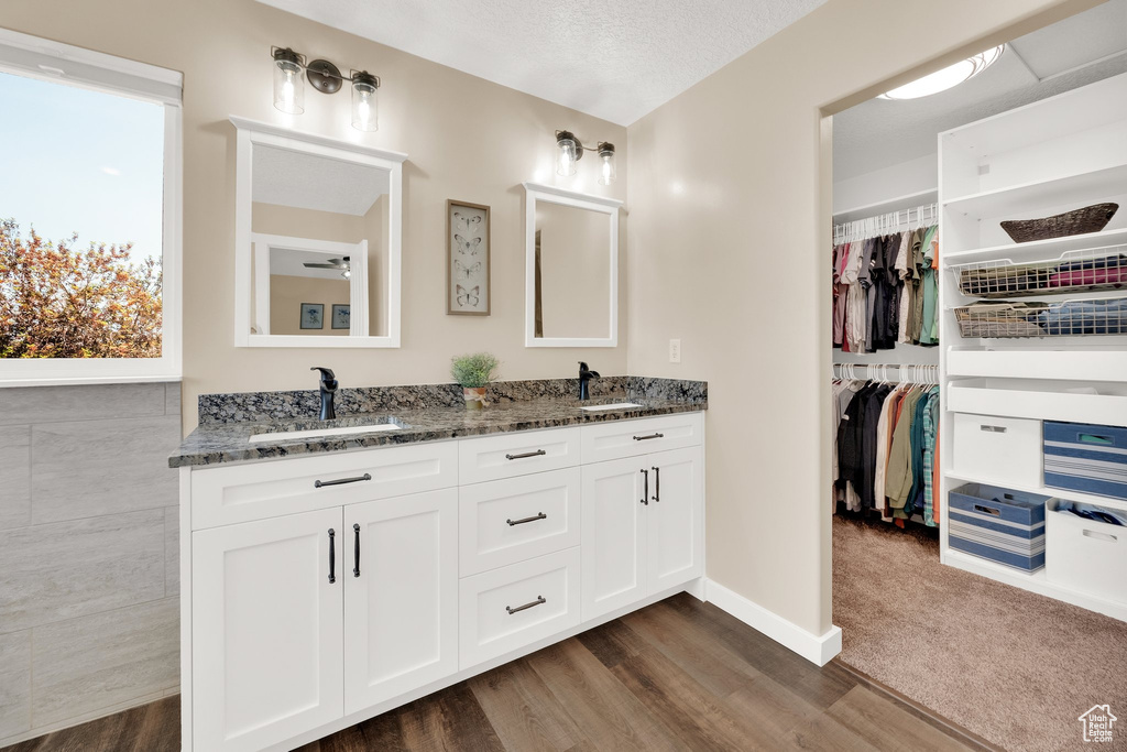 Bathroom with double vanity, wood finished floors, a walk in closet, and baseboards