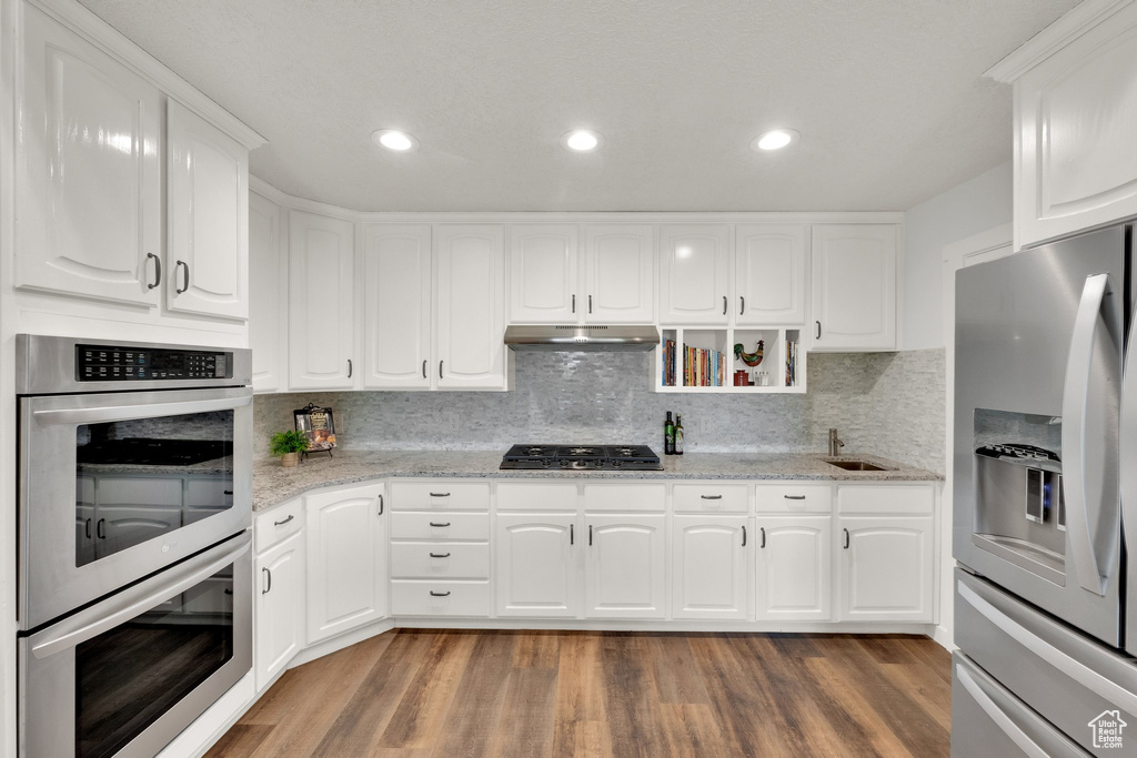 Kitchen with stainless steel appliances, under cabinet range hood, a sink, wood finished floors, and backsplash