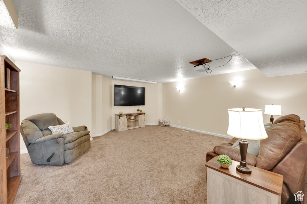 Carpeted living room featuring a textured ceiling and baseboards
