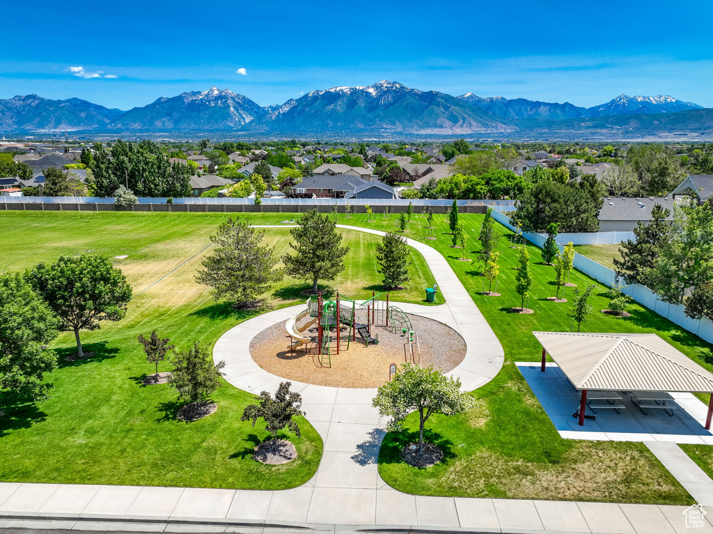 View of community featuring a mountain view, a lawn, and a residential view