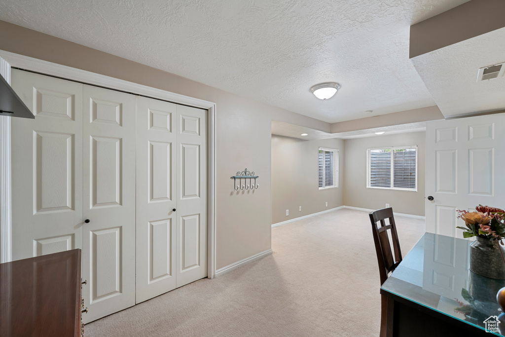 Home office with light colored carpet, a textured ceiling, and baseboards
