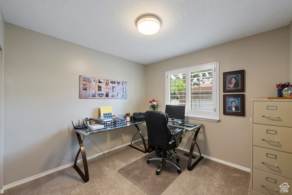 Carpeted office with baseboards and a textured ceiling