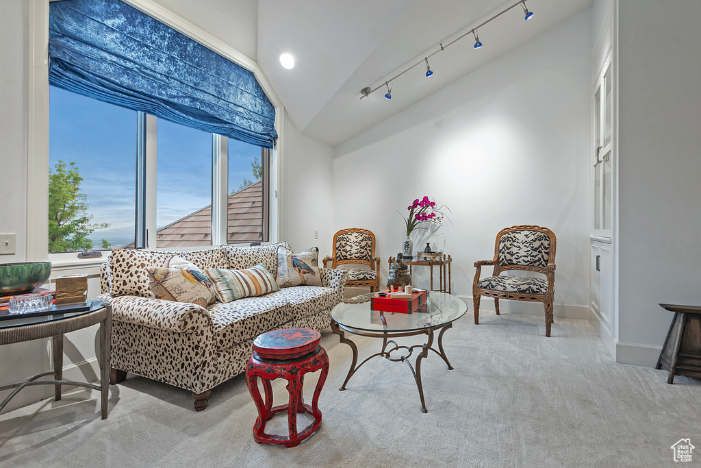 Living area with healthy amount of natural light, carpet flooring, vaulted ceiling, and rail lighting