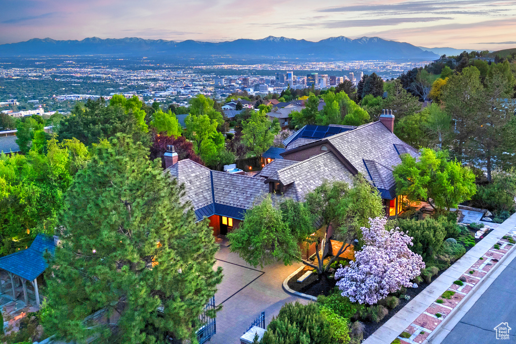 Aerial view at dusk of a mountain view