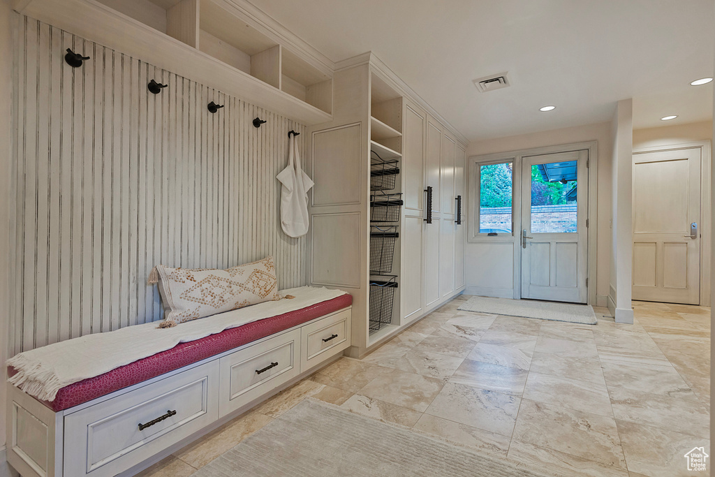 Mudroom featuring recessed lighting
