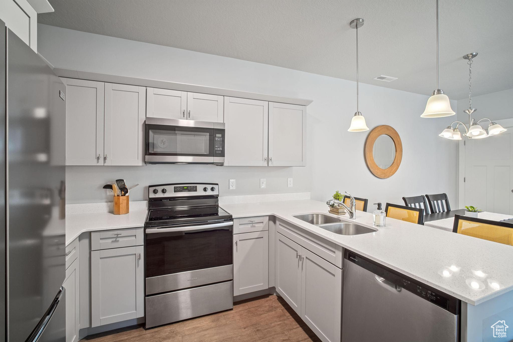 Kitchen featuring appliances with stainless steel finishes, a sink, a peninsula, light countertops, and wood finished floors