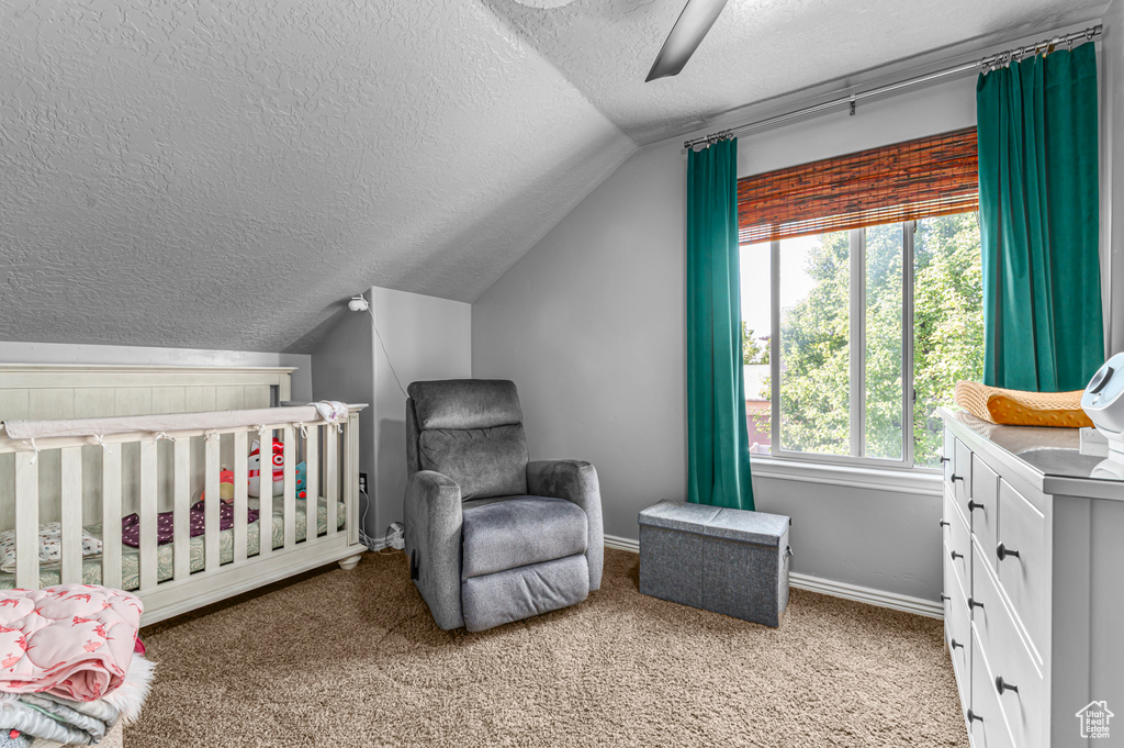 Carpeted bedroom with a textured ceiling, vaulted ceiling, a ceiling fan, baseboards, and a nursery area
