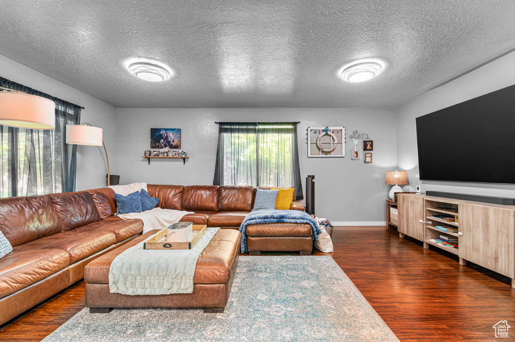 Living area with wood finished floors, a textured ceiling, and baseboards