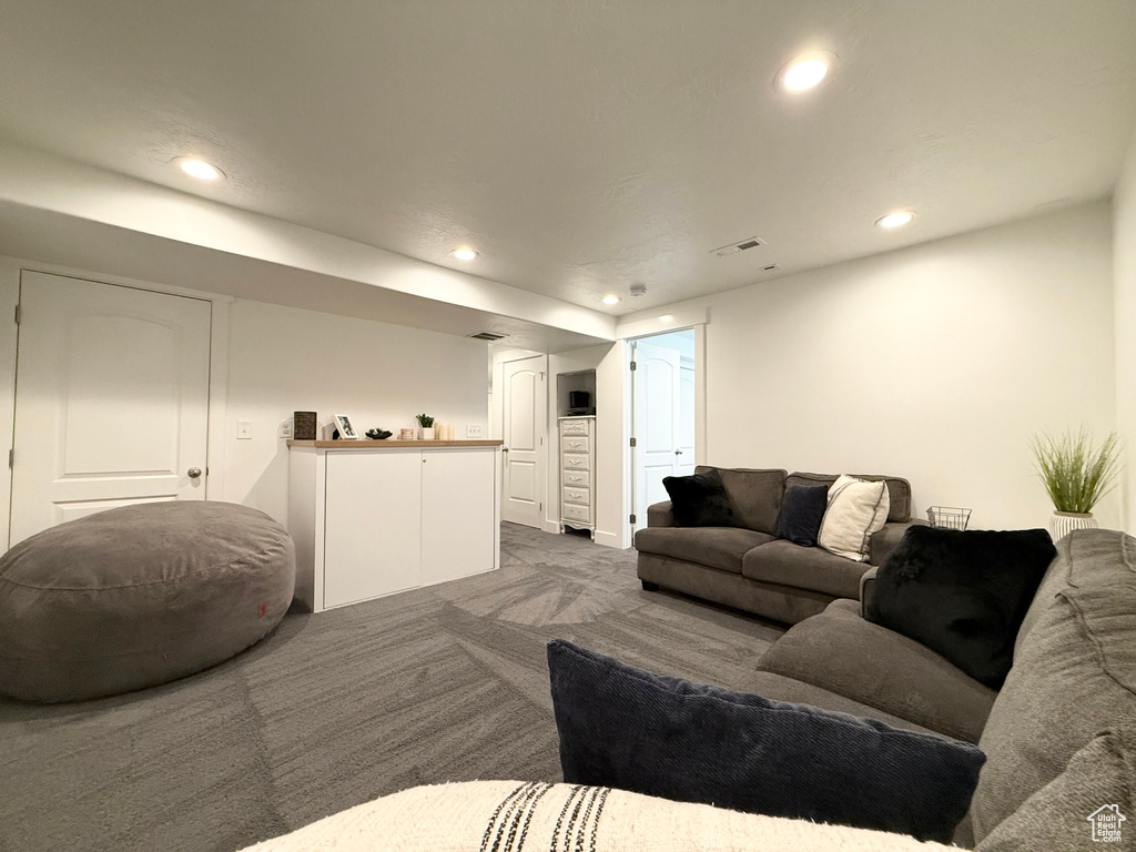 Living area with dark carpet and recessed lighting
