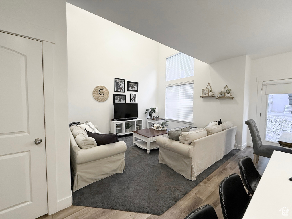 Living room with wood finished floors, healthy amount of natural light, and baseboards