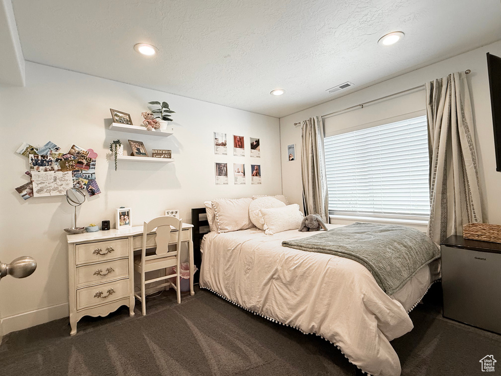 Bedroom featuring dark colored carpet, recessed lighting, baseboards, and a textured ceiling