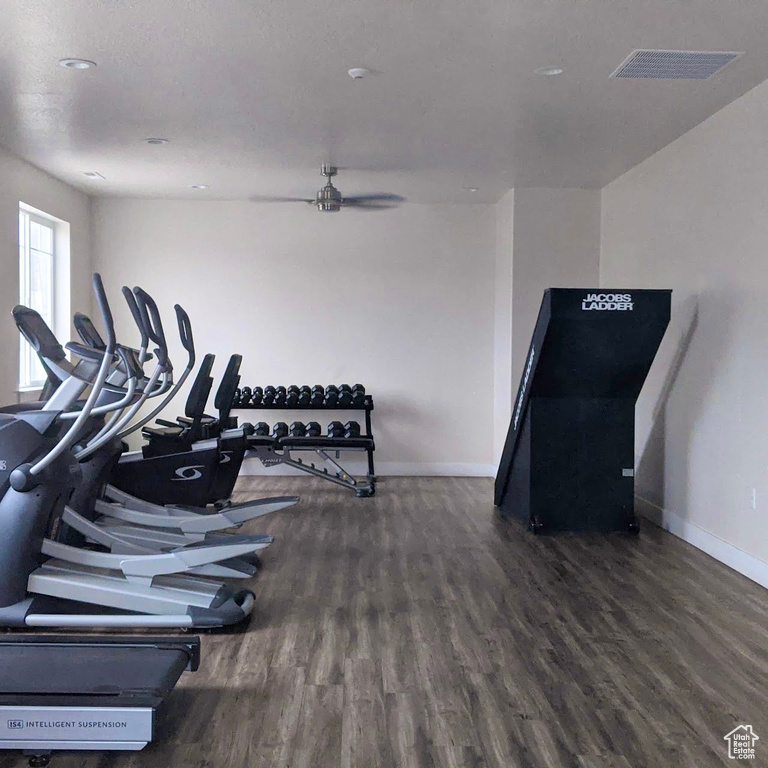 Exercise room featuring wood finished floors, baseboards, and ceiling fan
